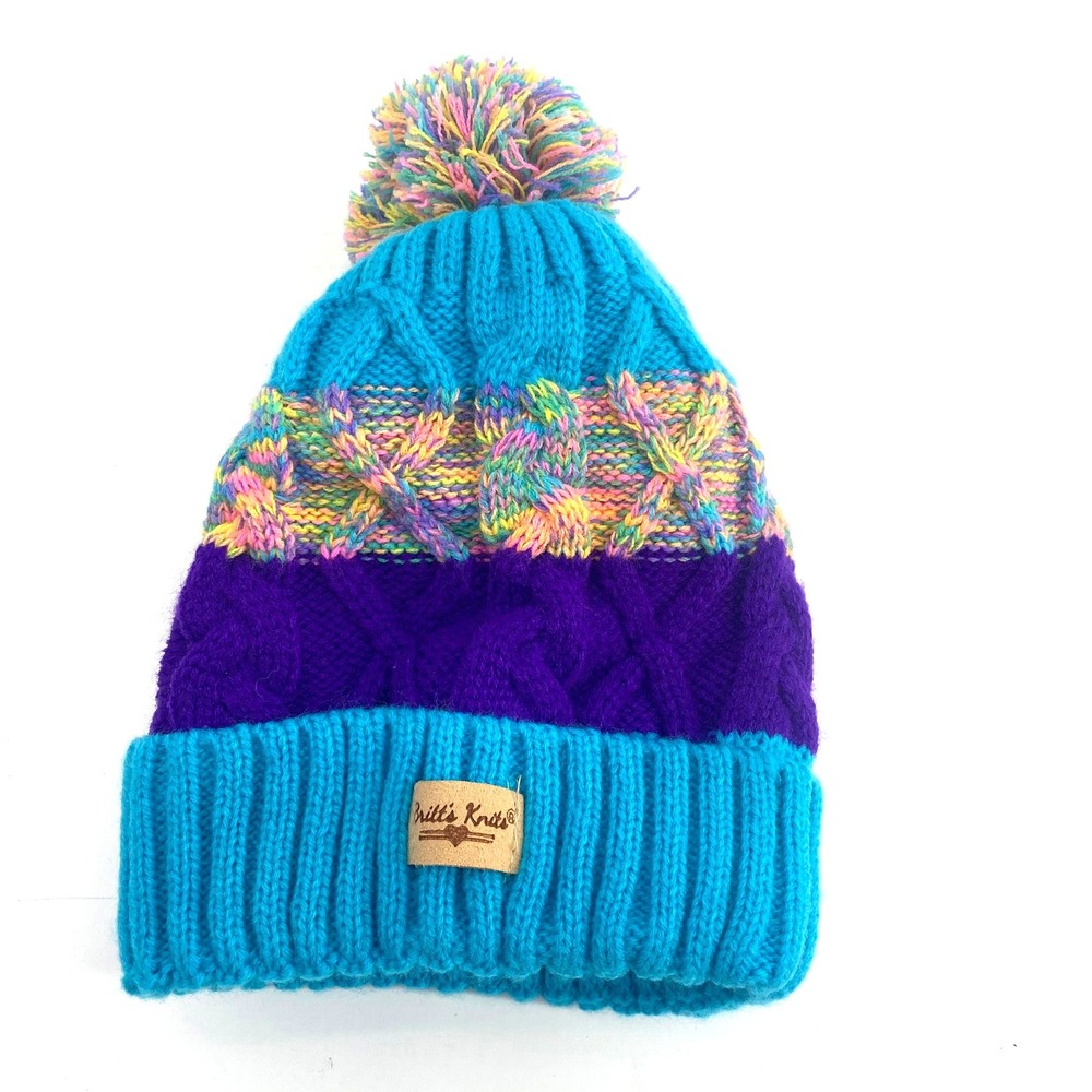 Britt's Knits Bitties Plush Lined Knit Hat Pom Pom Rainbow Blue Purple NEW WTags - Picture 1 of 4